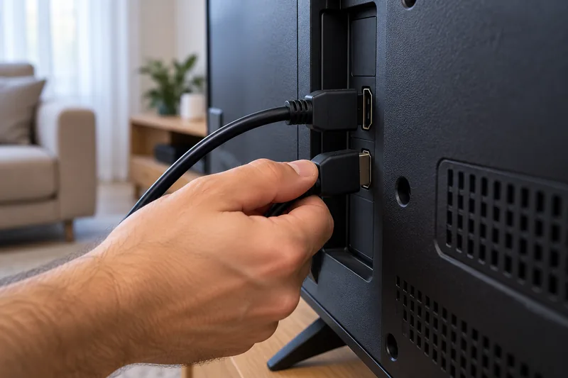 Televizyonun arkasındaki iki HDMI girişinden birine kablo takan el, arka planda oturma odası
