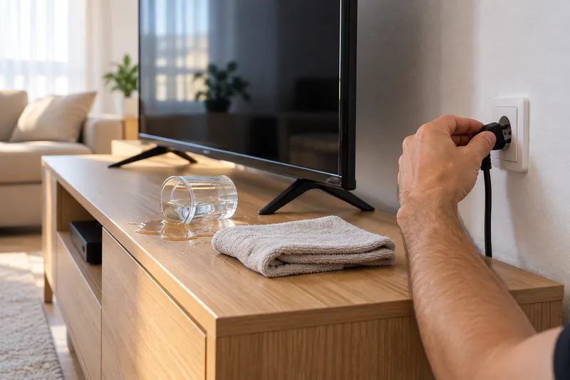 TV sehpasında devrilmiş bardak ve dökülen su, yanında havlu; televizyonun fişini prizden çeken el