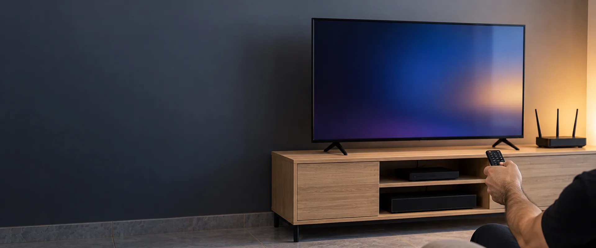 Renkli geçiş ekranı gösteren televizyonun önünde kumanda tutan el, yanında modem