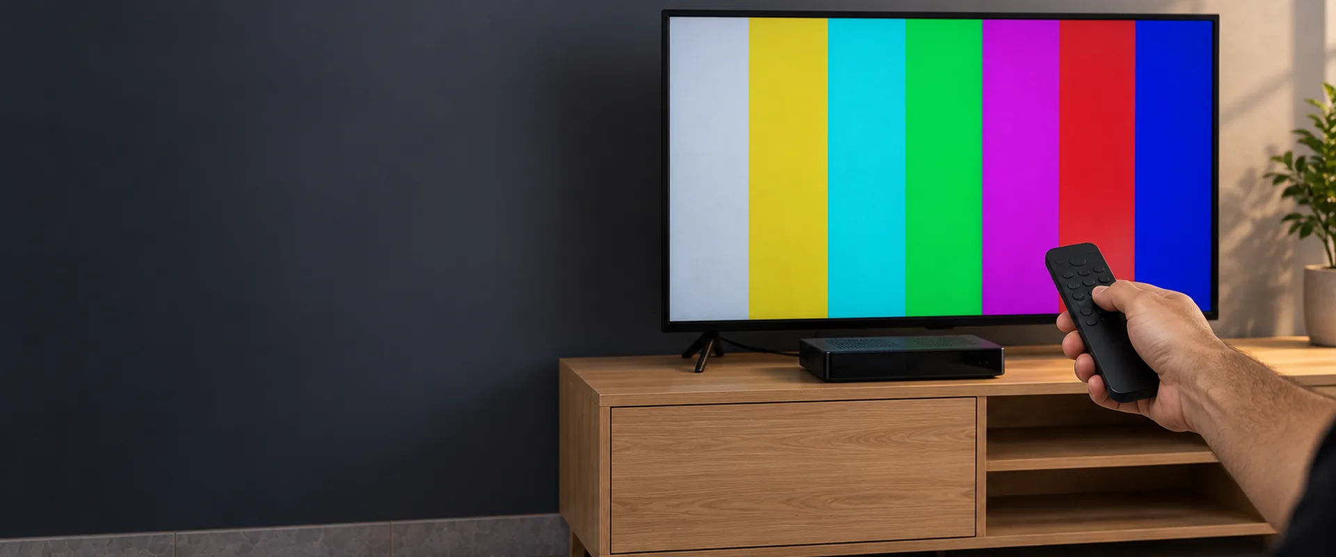 Renk çubuğu ekranı gösteren televizyonun önünde kumanda tutan el, yanda saksı