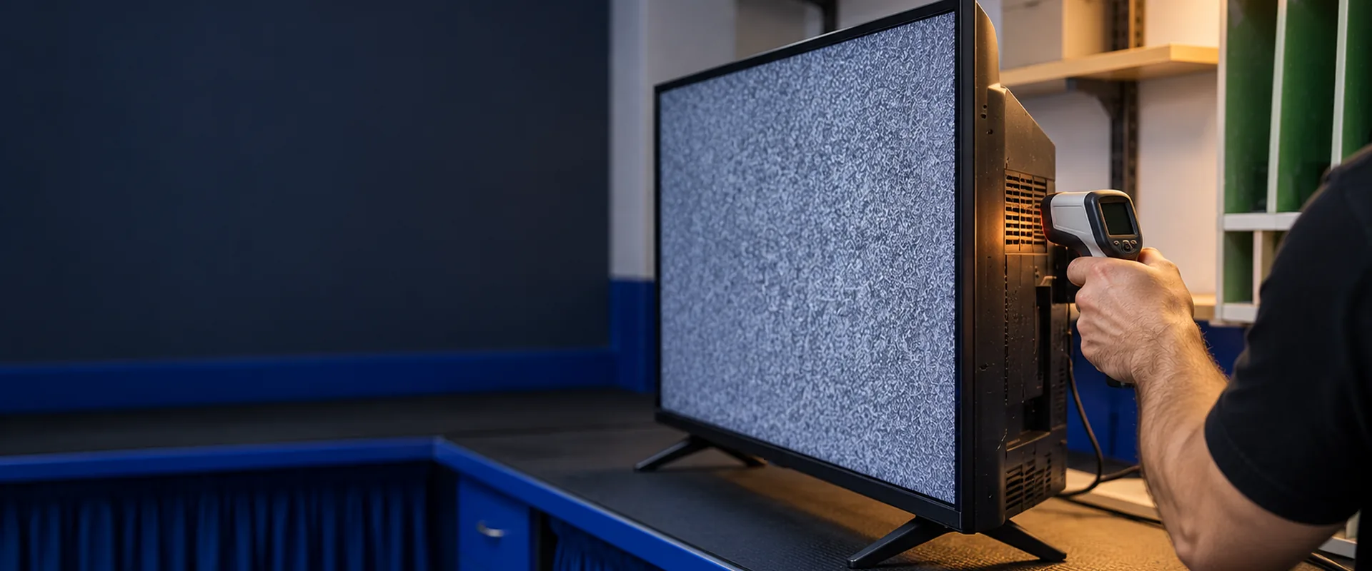 Parazitli gri ekran gösteren televizyonun önünde kumanda tutan el