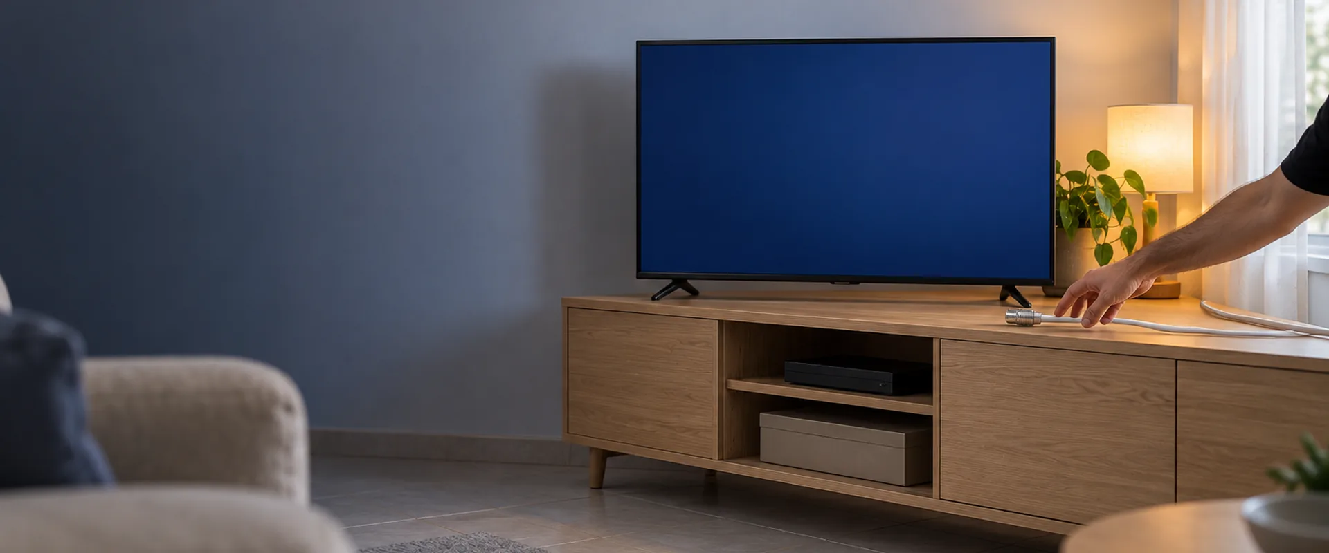 Oturma odasındaki televizyona doğru uzanan el